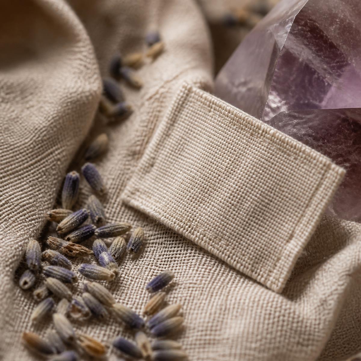 Close detail of French linen, lavender, and amethyst