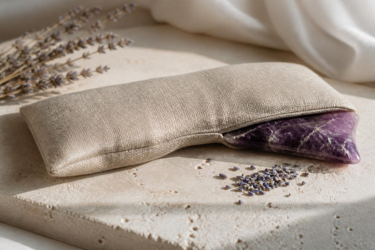 Oatmeal linen Aūra weighted eye pillow with amethyst insert and lavender