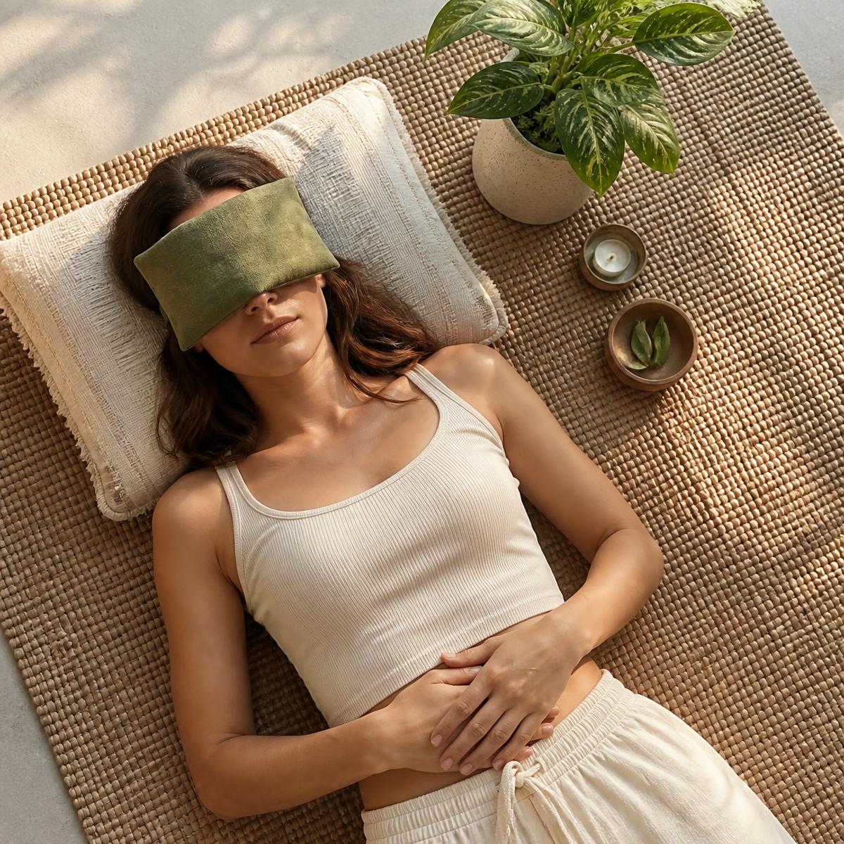 Woman resting with a sage linen Aūra eye pillow